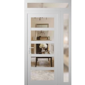 Front Exterior Prehung FiberGlass Door Clear Glass See-through / Manux 8522 White Silk Clear Glass / Sidelight and Transom Window / Office Commercial and Residential Doors Entrance Patio Garage-W36+14" x H80+14"-Right-hand Inswing