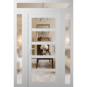 Front Exterior Prehung FiberGlass Door Clear Glass See-through / Manux 8522 White Silk Clear Glass / 2 Sidelight and Transom Window / Office Commercial and Residential Doors Entrance Patio Garage-W14+30+14" x H80+14"-Right-hand Inswing