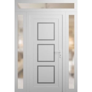 Front Exterior Prehung Metal-Plastic Door | Manux 8661 White Silk | 2 Side and Top Sidelite Transom | Office Commercial and Residential Doors Entrance Patio Garage 60" x 94" (W12+36+12" x H80+14") Left hand Inswing