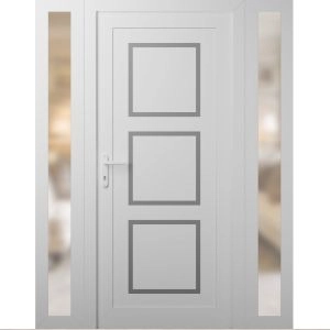Front Exterior Prehung Metal-Plastic Door | Manux 8661 White Silk | 2 Side Sidelite Transoms | Office Commercial and Residential Doors Entrance Patio Garage 60" x 80" (W12+36+12" x H80") Right hand Inswing
