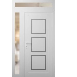 Front Exterior Prehung Metal-Plastic Door | Manux 8661 White Silk | Side and Top Sidelite Transom | Office Commercial and Residential Doors Entrance Patio Garage 48" x 94" (W36+12" x H80+14") Right hand Inswing