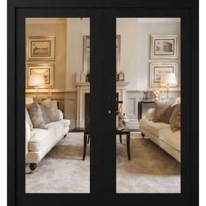 Front Exterior Prehung Metal-Plastic Double Doors Clear Glass / MANUX 8666 Matte Black / Office Commercial and Residential Doors Entrance Patio Garage 72" x 80" Right-Hand Inswing