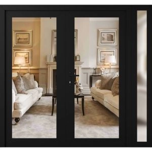 Front Exterior Prehung Metal-Plastic Double Doors Clear Glass / MANUX 8666 Matte Black / Office Commercial and Residential Doors Entrance Patio Garage 84" x 80" Right-Hand Inswing