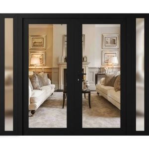 Front Exterior Prehung Metal-Plastic Double Doors Clear Glass / MANUX 8666 Matte Black / Office Commercial and Residential Doors Entrance Patio Garage 96" x 80" Right-Hand Inswing