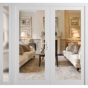 Front Exterior Prehung Metal-Plastic Double Doors Clear Glass / MANUX 8666 White Silk / Office Commercial and Residential Doors Entrance Patio Garage 86" x 80" Left-Hand Inswing