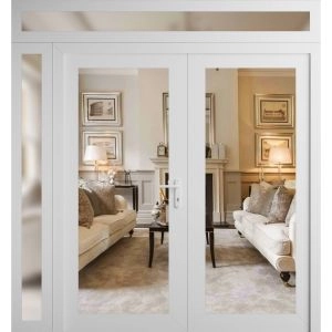 Front Exterior Prehung Metal-Plastic Double Doors Clear Glass / MANUX 8666 White Silk / Office Commercial and Residential Doors Entrance Patio Garage 84" x 92" Left-Hand Inswing