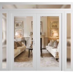 Front Exterior Prehung Metal-Plastic Double Doors Clear Glass / MANUX 8666 White Silk / Office Commercial and Residential Doors Entrance Patio Garage 96" x 94" Left-Hand Inswing