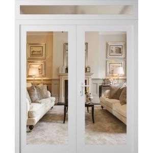 Front Exterior Prehung Metal-Plastic Double Doors Clear Glass / MANUX 8666 White Silk / Office Commercial and Residential Doors Entrance Patio Garage 72" x 92" Right-Hand Inswing
