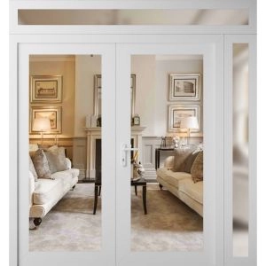 Front Exterior Prehung Metal-Plastic Double Doors Clear Glass / MANUX 8666 White Silk / Office Commercial and Residential Doors Entrance Patio Garage 84" x 92" Right-Hand Inswing