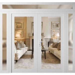 Front Exterior Prehung Metal-Plastic Double Doors Clear Glass / MANUX 8666 White Silk / Office Commercial and Residential Doors Entrance Patio Garage 100" x 94" Right-Hand Inswing