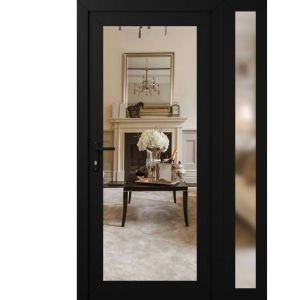 Front Exterior Prehung Metal-Plastic Door Clear Glass / MANUX 8666 Matte Black / Office Commercial and Residential Doors Entrance Patio Garage 46 x 80 (30+16" x 80")Right-hand Inswing
