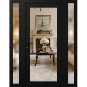 Front Exterior Prehung Metal-Plastic Door Clear Glass / MANUX 8666 Matte Black / Office Commercial and Residential Doors Entrance Patio Garage 60" x 80" Right-Hand Inswing