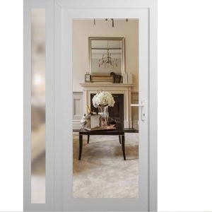 Front Exterior Prehung Metal-Plastic Door Clear Glass / MANUX 8666 White Silk / Office Commercial and Residential Doors Entrance Patio Garage 44 x 80 (30+14" x 80")Left-hand Inswing