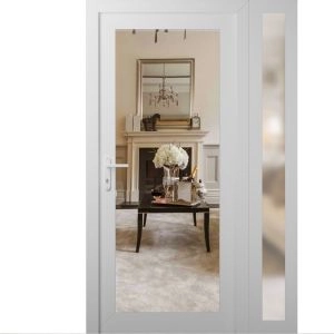 Front Exterior Prehung Metal-Plastic Door Clear Glass / MANUX 8666 White Silk / Office Commercial and Residential Doors Entrance Patio Garage 48" x 80" Right-Hand Inswing