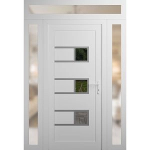 Front Exterior Prehung Metal-Plastic Door | Manux 8933 White Silk | 2 Side and Top Sidelite Transom | Office Commercial and Residential Doors Entrance Patio Garage 68" x 94" (W16+36+16" x H80+14") Left hand Inswing