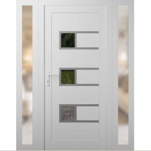 Front Exterior Prehung Metal-Plastic Door | Manux 8933 White Silk | 2 Side Sidelite Transoms | Office Commercial and Residential Doors Entrance Patio Garage 54" x 80" (W12+30+12" x H80") Right hand Inswing
