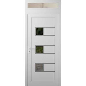 Front Exterior Prehung Metal-Plastic Door | Manux 8933 White Silk | Top Sidelite Transom | Office Commercial and Residential Doors Entrance Patio Garage 30" x 94" (W30" x H80+14") Right hand Inswing