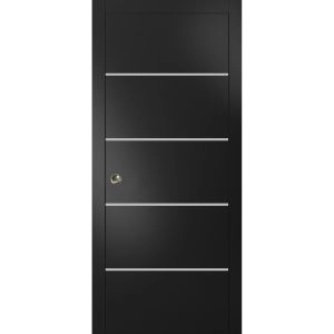 Sliding Pocket Door with Frames | Planum 0210 Matte Black and Aluminum Strips | Kit Trims Rail Hardware | Solid Wood Interior Bedroom Bathroom Closet Sturdy Doors