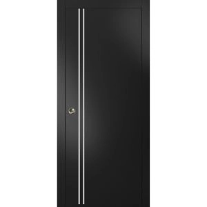 Sliding Pocket Door with Frames | Planum 0310 Matte Black and Aluminum Strips | Kit Trims Rail Hardware | Solid Wood Interior Bedroom Bathroom Closet Sturdy Doors