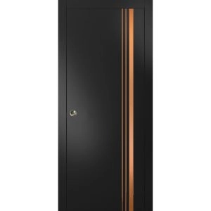 Sliding Pocket Door with Frames | Planum 1010 Matte Black and Aluminum Strips | Kit Trims Rail Hardware | Solid Wood Interior Bedroom Bathroom Closet Sturdy Doors