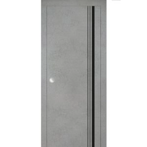 Sliding French Pocket Door with | Planum 0011 Concrete and Aluminum Strips | Kit Trims Rail Hardware | Solid Wood Interior Bedroom Sturdy Doors