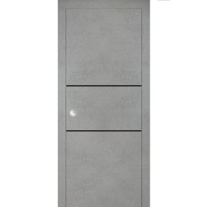 Sliding French Pocket Door with | Planum 0014 Concrete and Aluminum Strips | Kit Trims Rail Hardware | Solid Wood Interior Bedroom Sturdy Doors