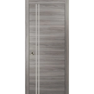 Sliding French Pocket Door with | Planum 0310 Ginger Ash and Aluminum Strips | Kit Trims Rail Hardware | Solid Wood Interior Bedroom Sturdy Doors