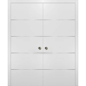 Modern Double Pocket Doors | Planum 0020 White Silk | Kit Trims Rail Hardware | Solid Wood Interior Bedroom Sliding Closet Sturdy Door