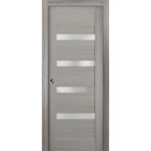 Sliding French Pocket Door 42 x 80 inches with | Quadro 4113 Ginger Ash with Frosted Glass | Kit Trims Rail Hardware | Solid Wood Interior Bedroom Sturdy Doors