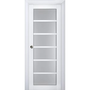 Sliding French Pocket Door | Veregio 7602 White Silk with Frosted Glass | Kit Trims Rail Hardware | Solid Wood Interior Bedroom Sturdy Doors