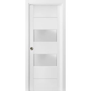 Sliding French Pocket Door 2 lites | Lucia 4010 White Silk with Frosted Glass | Kit Trims Rail Hardware | Solid Wood Interior Bedroom Sturdy Doors