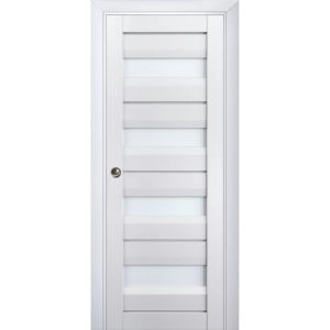 Sliding French Pocket Door | Veregio 7455 White Silk with Frosted Glass | Kit Trims Rail Hardware | Solid Wood Interior Bedroom Sturdy Doors