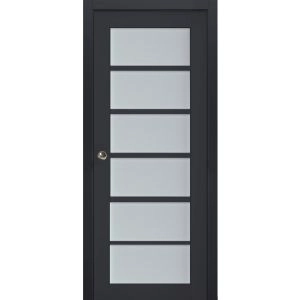 Sliding French Pocket Door | Veregio 7602 Antracite with Frosted Glass | Kit Trims Rail Hardware | Solid Wood Interior Bedroom Sturdy Doors