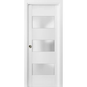 Sliding French Pocket Door 32 x 84 inches with Frosted Glass 3 Lites | Lucia 4070 White Silk | Kit Trims Rail Hardware | Solid Wood Interior Bedroom Sturdy Doors