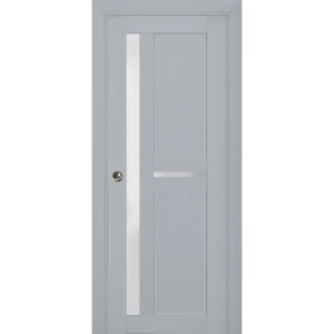 Sliding French Pocket Door | Veregio 7288 Matte Grey with Frosted Glass | Kit Trims Rail Hardware | Solid Wood Interior Bedroom Sturdy Doors