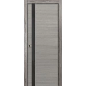 Sliding French Pocket Door | Planum 0040 Grey Oak with Black Glass | Kit Trims Rail Hardware | Solid Wood Interior Bedroom Sturdy Doors