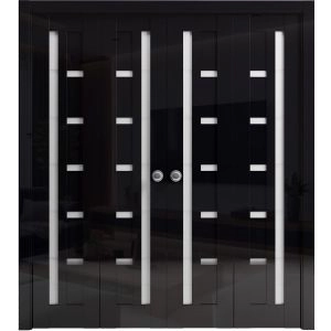 Sliding Closet Double Bi-fold Doors 72 x 80 inches | Quadro 4088 Gloss Black | Tracks Trims Hardware Set | Wood Solid Bedroom Wardrobe Doors