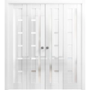 Sliding Closet Double Bi-fold Doors 72 x 80 inches | Quadro 4088 Gloss White | Tracks Trims Hardware Set | Wood Solid Bedroom Wardrobe Doors