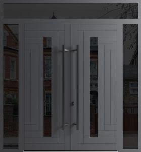 Front Exterior Prehung Aluminum Double Doors / Ronex 0130 Grey / 2 Sidelights and Top Transom / Mirrored Clear Glass Entry Metal Modern Painted (W96" x H92") Right hand Inswing