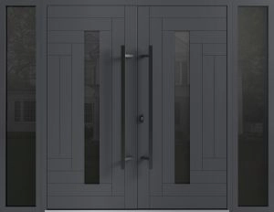 Front Exterior Prehung Aluminum Double Doors / Ronex 0130 Grey / 2 Sidelights / Mirrored Clear Glass Entry Metal Modern Painted (W104" x H80") Right hand Inswing