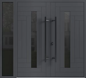 Front Exterior Prehung Aluminum Double Doors / Ronex 0130 Grey / 1 Sidelight / Mirrored Clear Glass Entry Metal Modern Painted (W84" x H80") Right hand Inswing