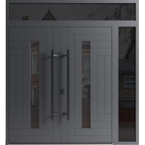 Front Exterior Prehung Aluminum Double Doors / Ronex 0130 Grey / Mirrored Clear Glass / 1 Sidelight and Top Transom / Entry Metal Modern Painted (W88" x H94") Left hand Inswing