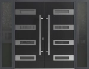 Front Exterior Prehung Aluminum Double Doors / Ronex 0131 Black Enamel / 2 Sidelights / Mirrored Clear Glass Entry Metal Modern Painted (W96" x H80") Right hand Inswing