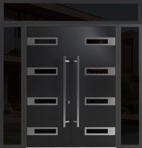 Front Exterior Prehung Aluminum Double Doors / Ronex 0131 Black Enamel / 2 Sidelights and Top Transom / Mirrored Clear Glass Entry Metal Modern Painted (W96" x H92") Right hand Inswing
