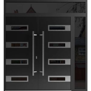 Front Exterior Prehung Aluminum Double Doors / Ronex 0131 Black Enamel / Mirrored Clear Glass / 1 Sidelight and Top Transom / Entry Metal Modern Painted (W84" x H92") Right hand Inswing