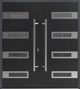 Front Exterior Prehung Aluminum Double Doors / Ronex 0131 Black Enamel / Mirrored Clear Glass Entry Metal Modern Painted (W72" x H80") Left hand Inswing