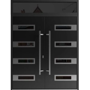 Front Exterior Prehung Aluminum Double Doors / Ronex 0131 Black Enamel / Top Transom / Mirrored Clear Glass / Top Transom / Entry Metal Modern Painted (W72" x H96") Right hand Inswing