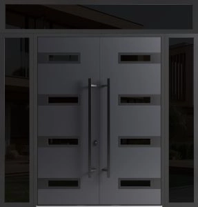 Front Exterior Prehung Aluminum Double Doors / Ronex 0131 Grey / 2 Sidelights and Top Transom / Mirrored Clear Glass Entry Metal Modern Painted (W96" x H92") Right hand Inswing