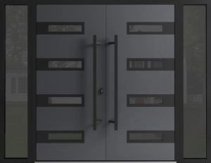 Front Exterior Prehung Aluminum Double Doors / Ronex 0131 Grey / Mirrored Clear Glass / 2 Sidelights / Entry Metal Modern Painted (W100" x H96") Right hand Inswing