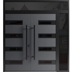 Front Exterior Prehung Aluminum Double Doors / Ronex 0131 Grey / Mirrored Clear Glass / 1 Sidelight and Top Transom / Entry Metal Modern Painted (W86" x H94") Left hand Inswing